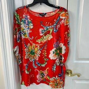 Lauren Ralph Lauren Red Linen Floral SZ 2X Boxy Top